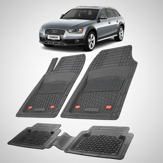 set de covorase din cauciuc negre cu un audi a4 b8 allroad gri inchis in fundal