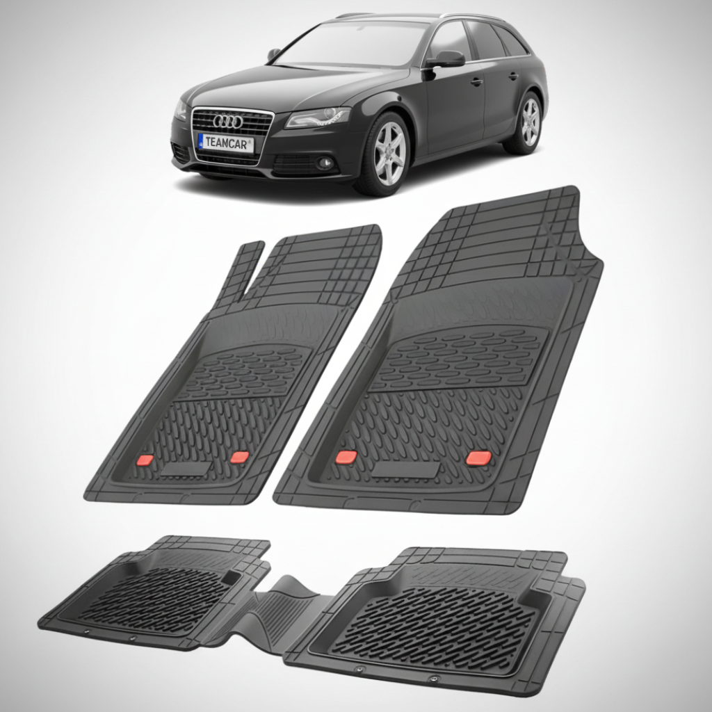 set de covorase din cauciuc negre cu un audi a4 b8 avant/break negru in fundal