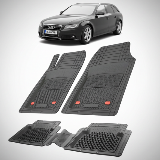 set de covorase din cauciuc negre cu un audi a4 b8 avant/break negru in fundal
