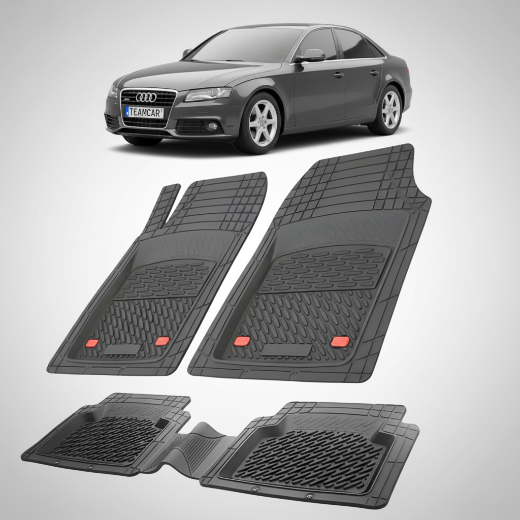 set de covorase din cauciuc negre cu un audi a4 b8 sedan negru in fundal
