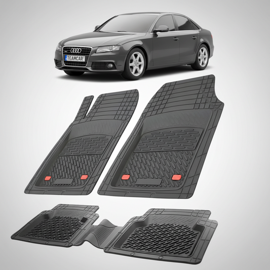 set de covorase din cauciuc negre cu un audi a4 b8 sedan negru in fundal