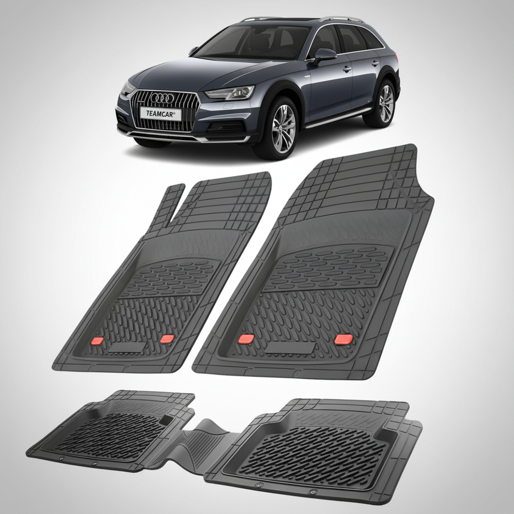 set de covorase din cauciuc negre cu un audi a4b9 allroad negru in fundal