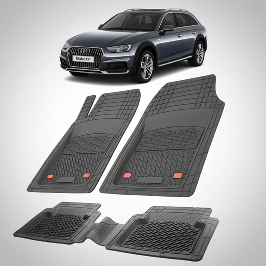set de covorase din cauciuc negre cu un audi a4b9 allroad negru in fundal