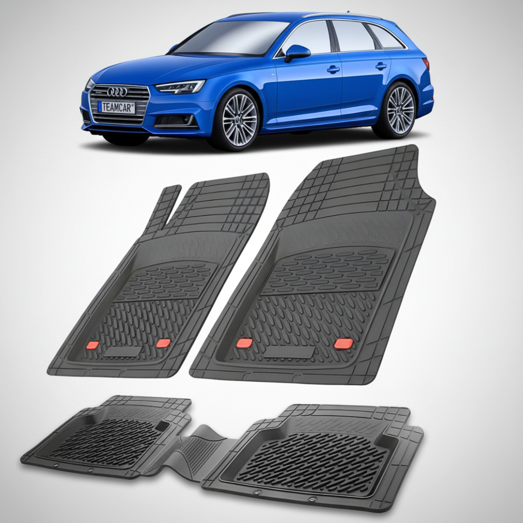 set de covorase din cauciuc negre cu un audi a4 b9 avant/break albastru in fundal