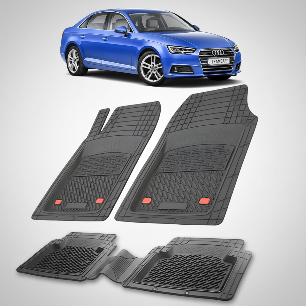 set de covorase din cauciuc negre cu un audi a4 b9 sedan albastru in fundal