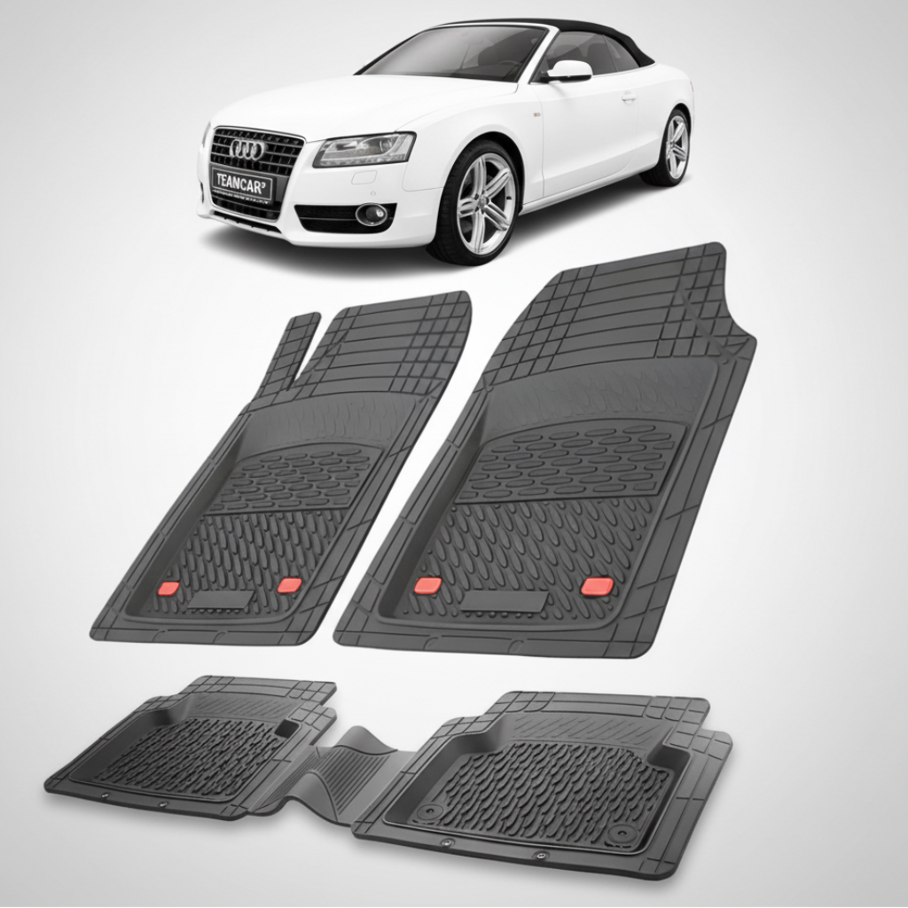 set de covorase din cauciuc negre cu un audi A5 8T cabriolet alb in fundal