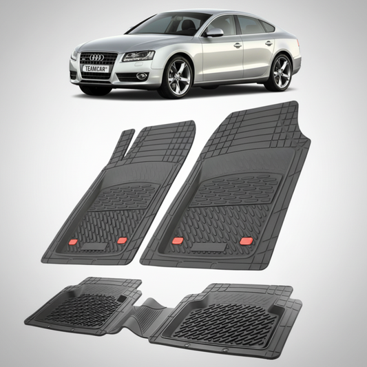 set de covorase din cauciuc negre cu un audi A5 8T sportback gri in fundal
