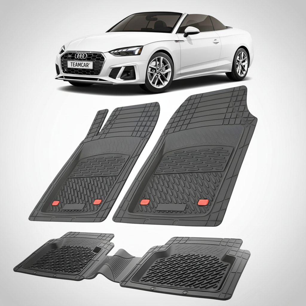 set de covorase din cauciuc negre cu un audi A5 F5 cabriolet alb in fundal