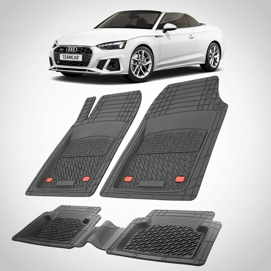 set de covorase din cauciuc negre cu un audi A5 F5 cabriolet alb in fundal