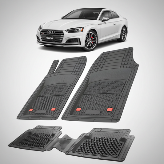 set de covorase din cauciuc negre cu un audi A5 F5 coupe alb in fundal