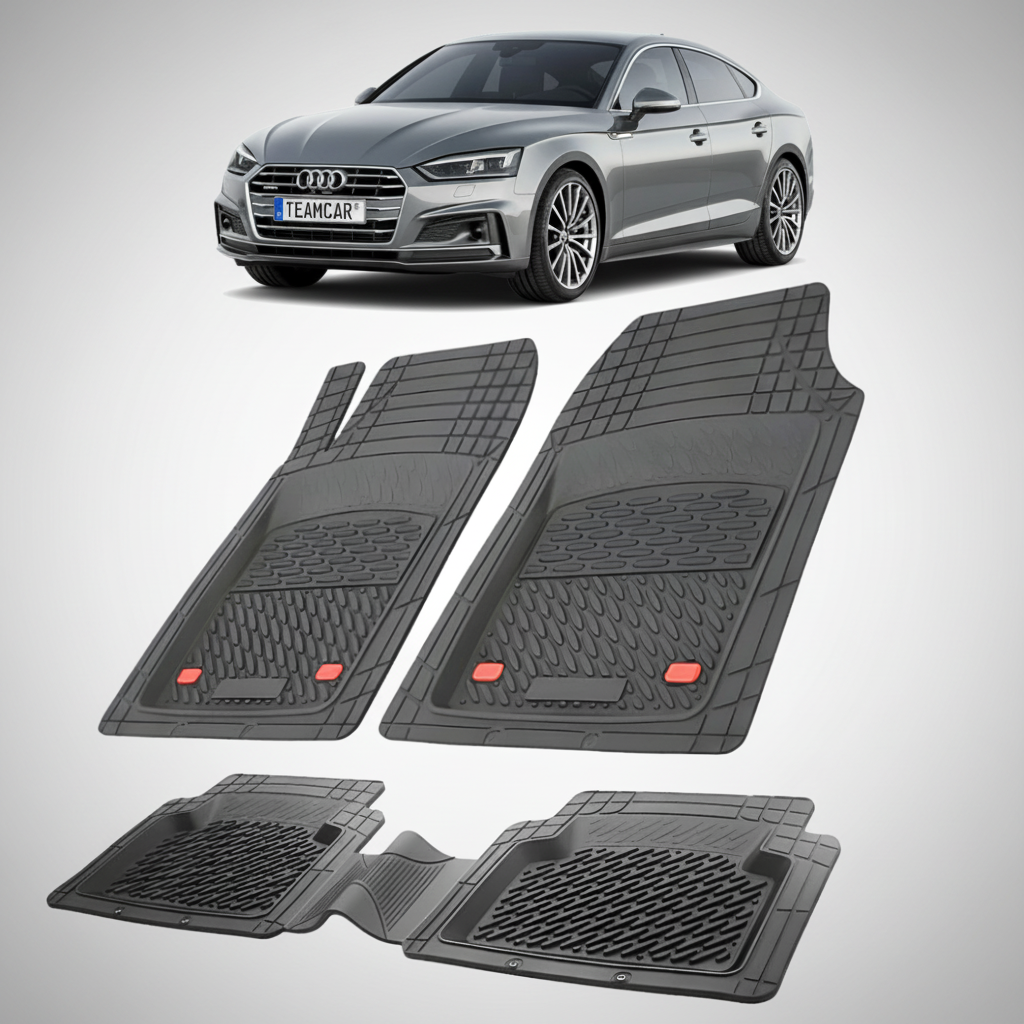 set de covorase din cauciuc negre cu un audi A5 F5 sportback gri inchis in fundal