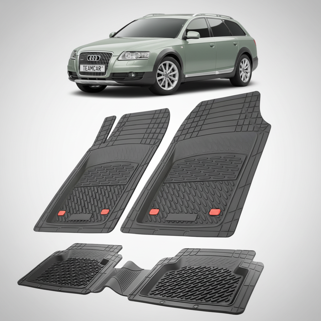 set de covorase din cauciuc negre cu un audi A6 C6 allroad gri in fundal