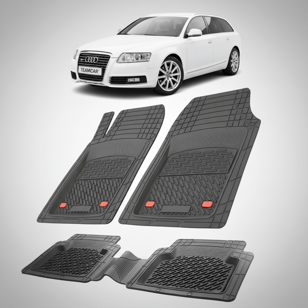 set de covorase din cauciuc negre cu un audi A6 C6 avant alb in fundal