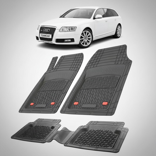 set de covorase din cauciuc negre cu un audi A6 C6 avant alb in fundal