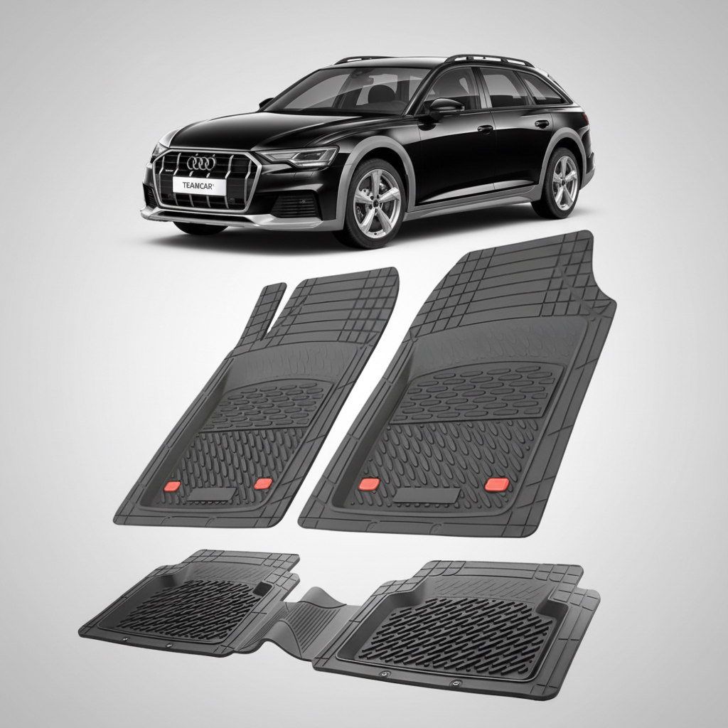 set de covorase din cauciuc negre cu un audi A6 C8 allroad negru in fundal