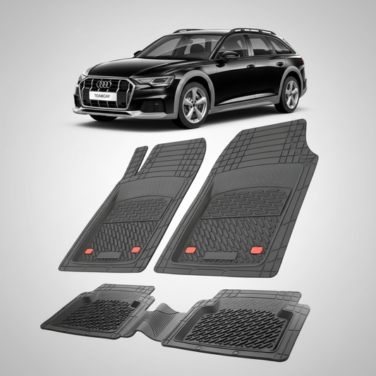 set de covorase din cauciuc negre cu un audi A6 C8 allroad negru in fundal