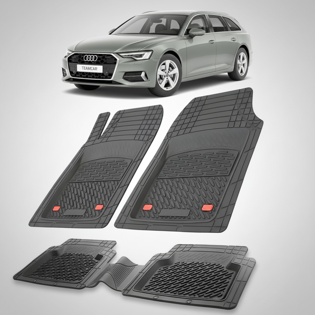 set de covorase din cauciuc negre cu un audi A6 C8 avant break gri inchis in fundal