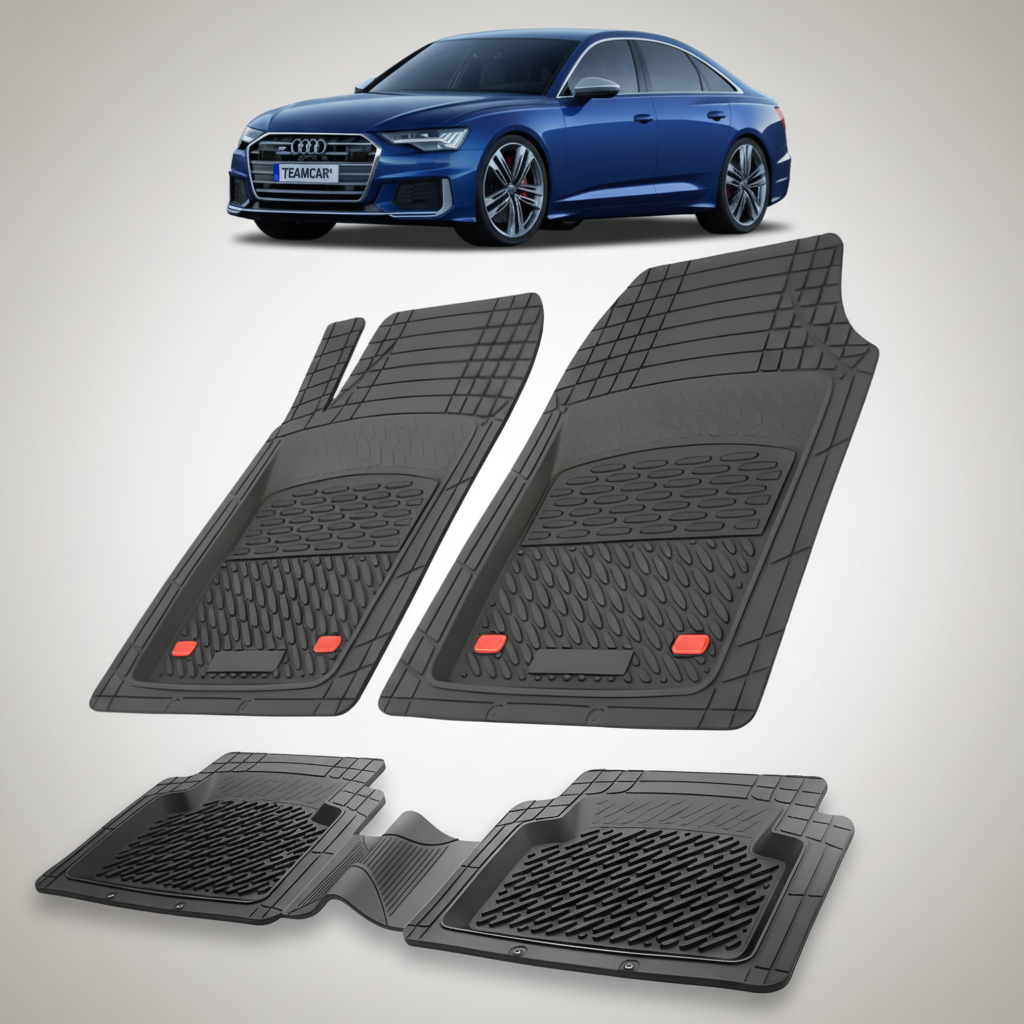 Set of black car floor mats with a car in the background