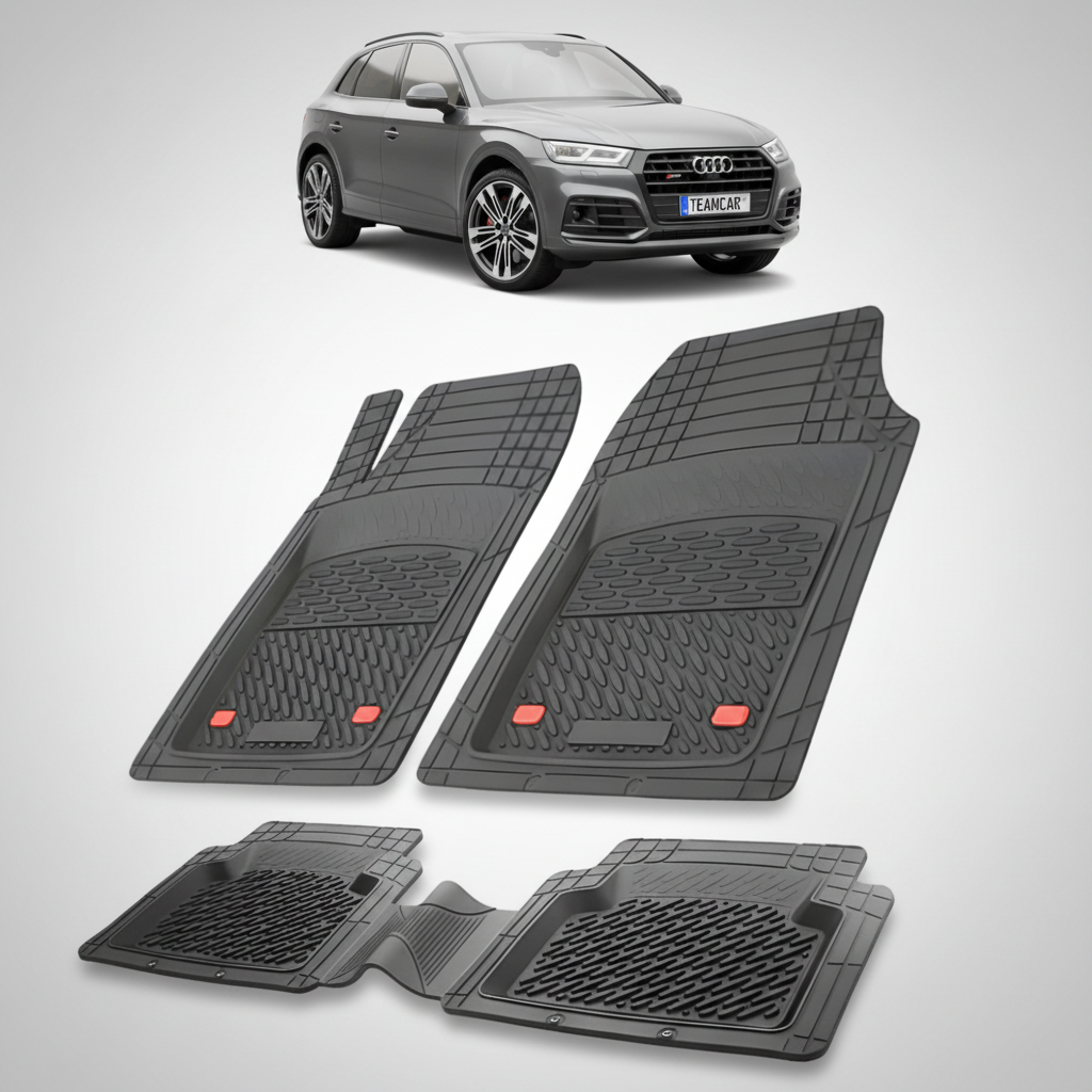 set de covorase din cauciuc negre cu un audi Q5 FY suv  gri inchis in fundal
