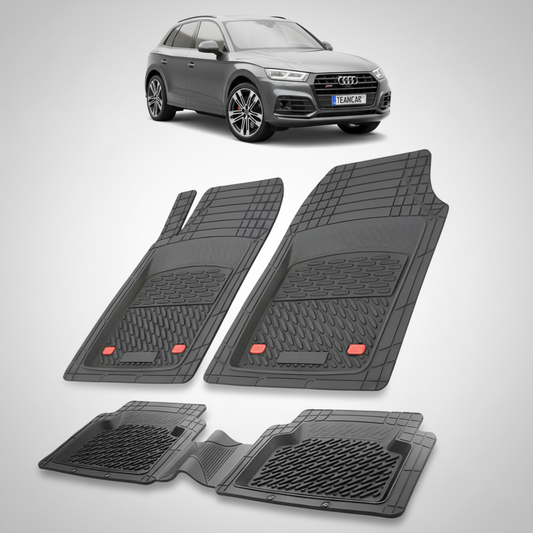 set de covorase din cauciuc negre cu un audi Q5 FY suv  gri inchis in fundal