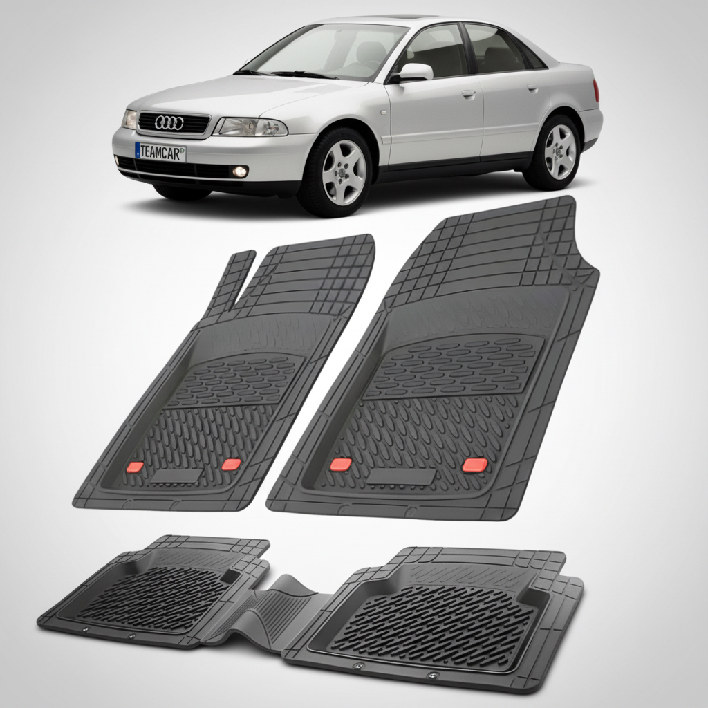 set de covorase din cauciuc negre cu un audi b5 a4 8d gri in fundal