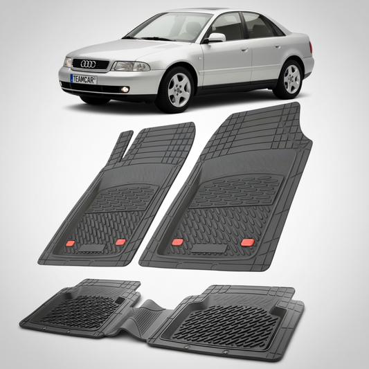 set de covorase din cauciuc negre cu un audi b5 a4 8d gri in fundal