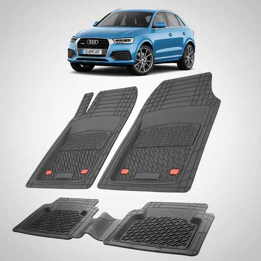 set de covorase din cauciuc negre cu un audi Q3 8U suv albastru in fundal