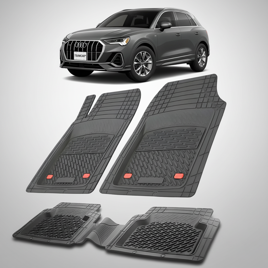 set de covorase din cauciuc negre cu un audi Q3 f3 suv gri inchis in fundal
