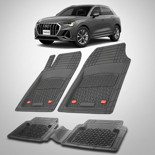 set de covorase din cauciuc negre cu un audi Q3 f3 suv gri inchis in fundal