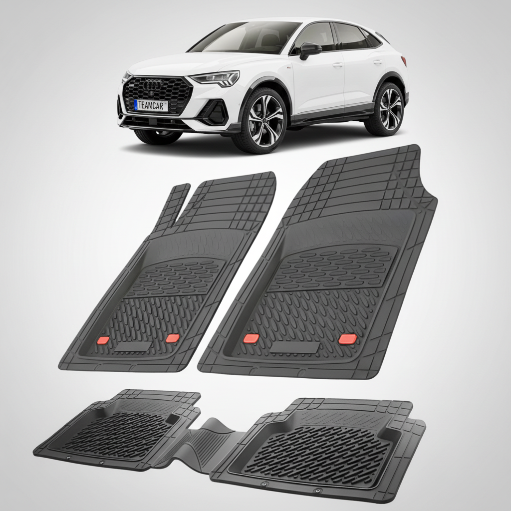 set de covorase din cauciuc negre cu un audi Q3 sportback f3 suv coupe alb in fundal