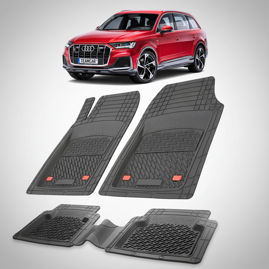 set de covorase din cauciuc negre cu un audi Q7 4M suv rosu in fundal
