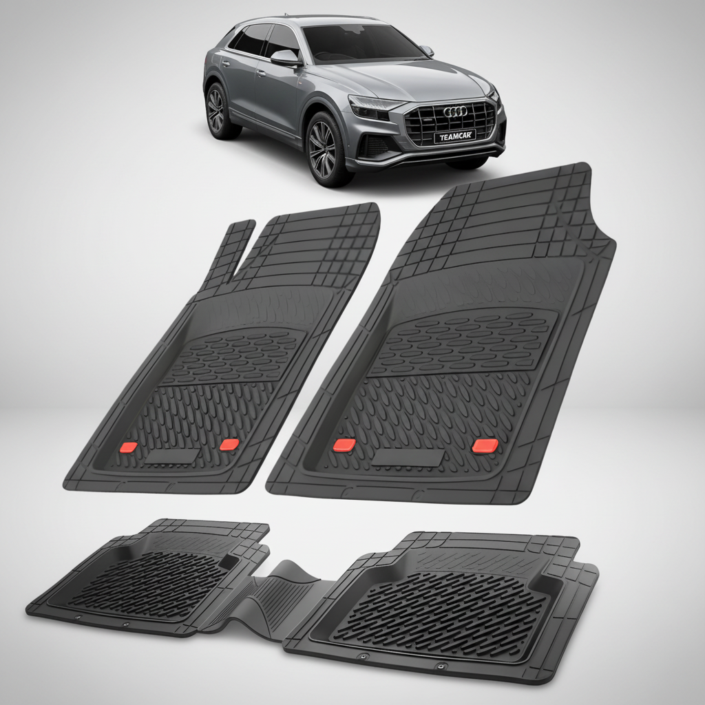 Set of black car floor mats with Audi logo in the corner