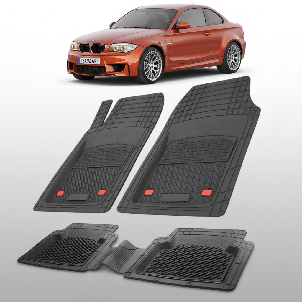 Set of black car floor mats with a red car in the background