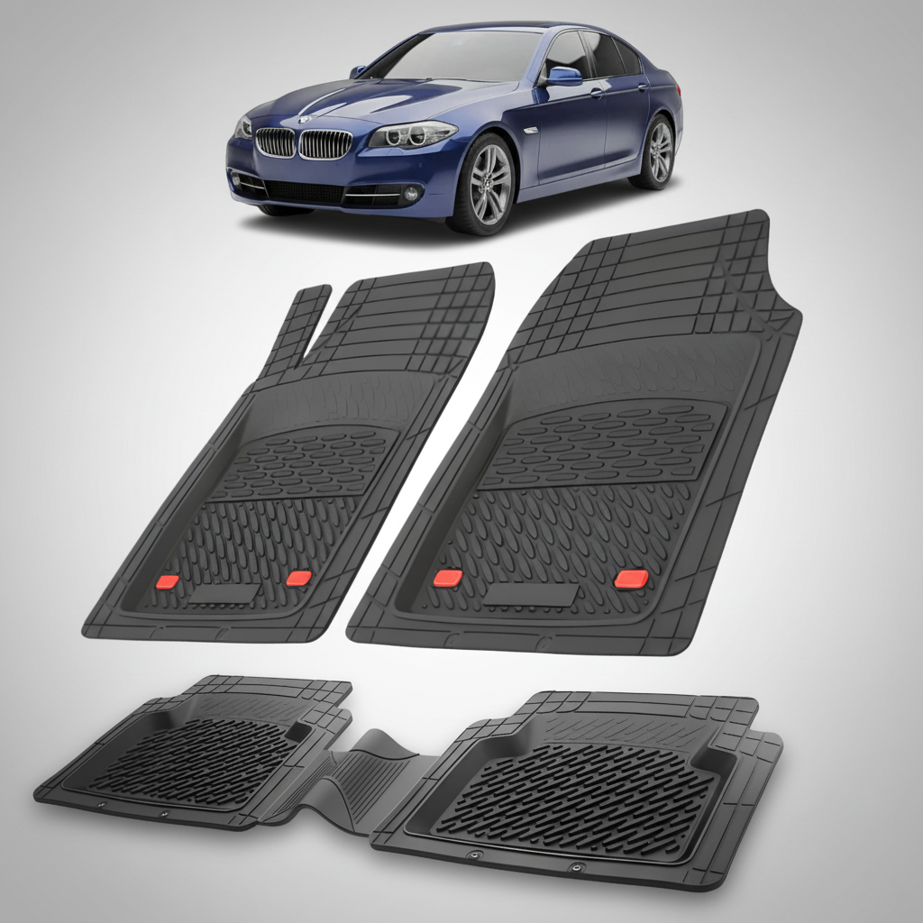 Set of black car floor mats with a blue BMW car in the background