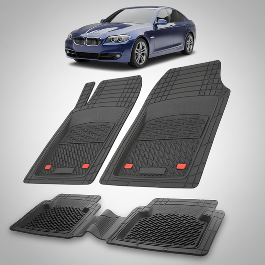 Set of black car floor mats with a blue BMW car in the background