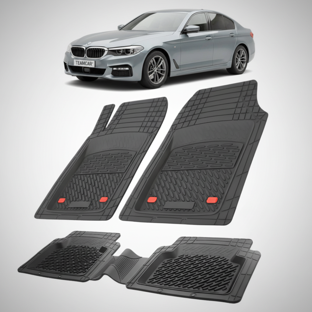 Set of black car floor mats with a silver car in the background
