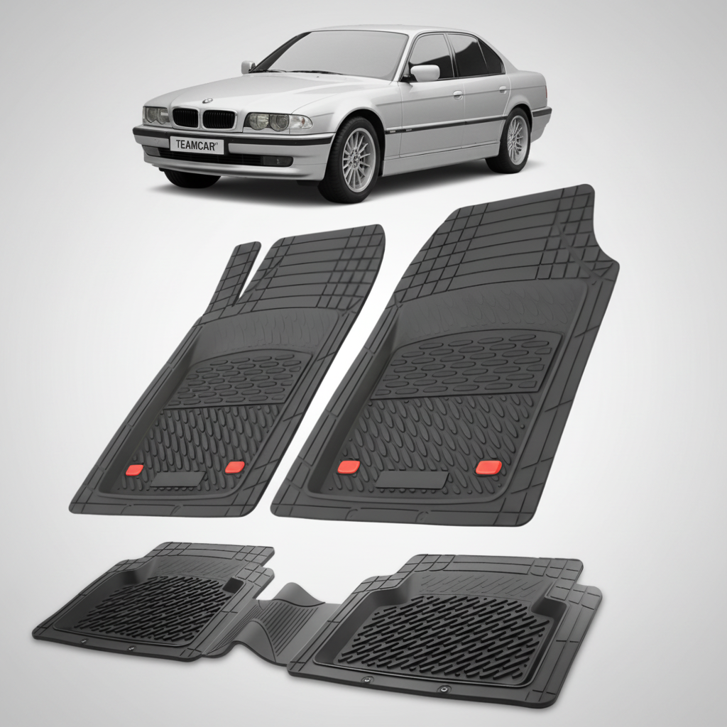 Set of black car mats with a white car in the background