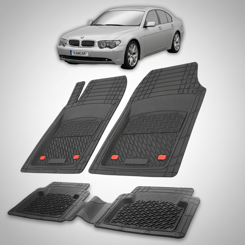 Set of black car mats with a white car in the background