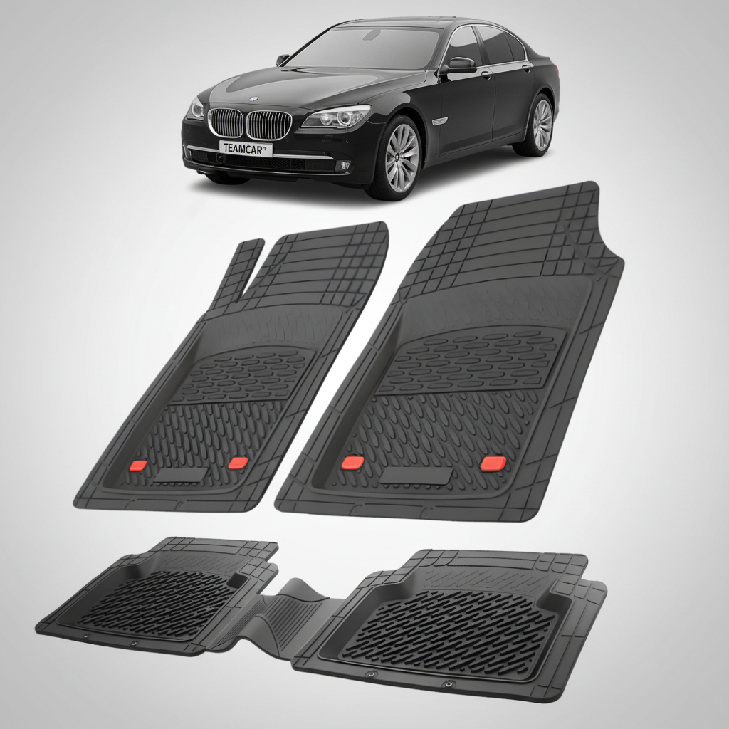 Set of black car floor mats with a black car in the background