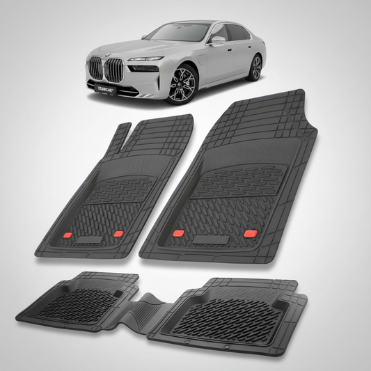 Set of black car floor mats with a white car in the background