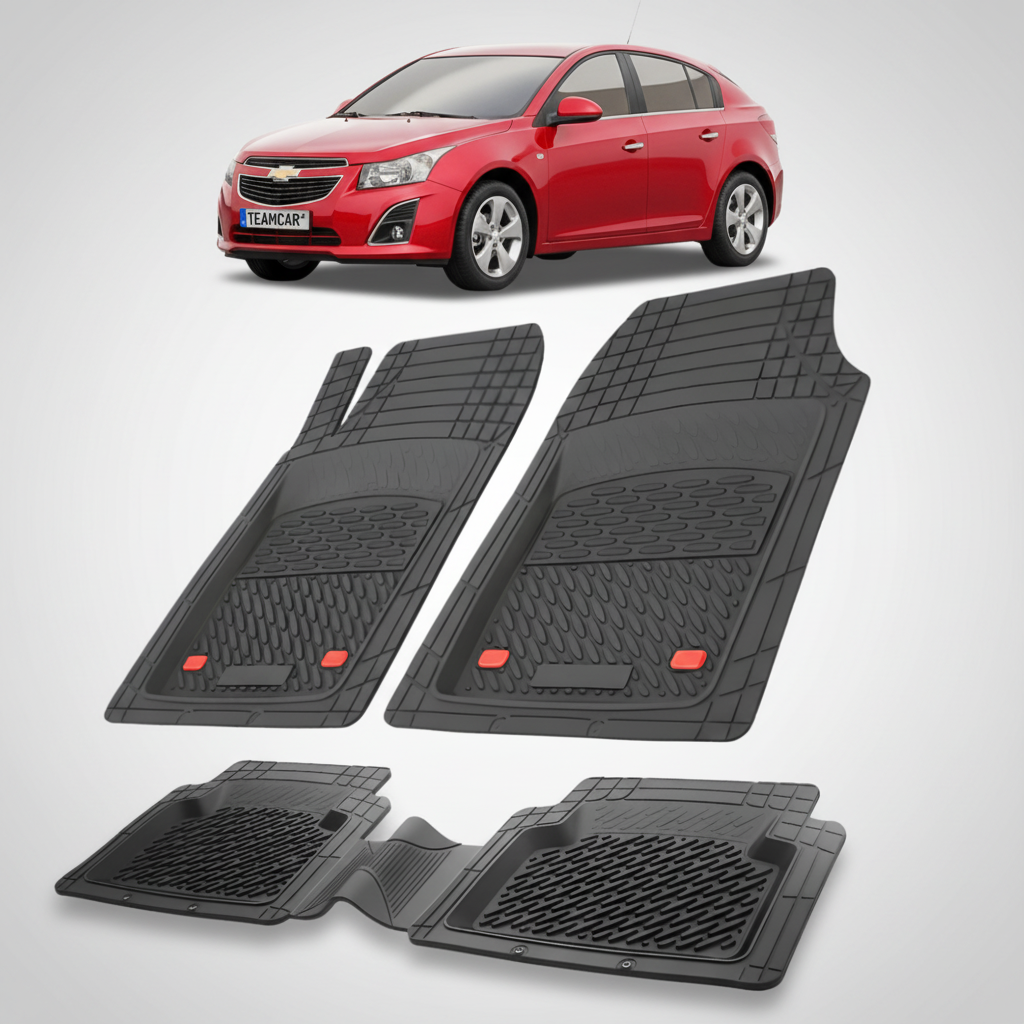 Set of black car floor mats with a red Chevrolet car in the background.