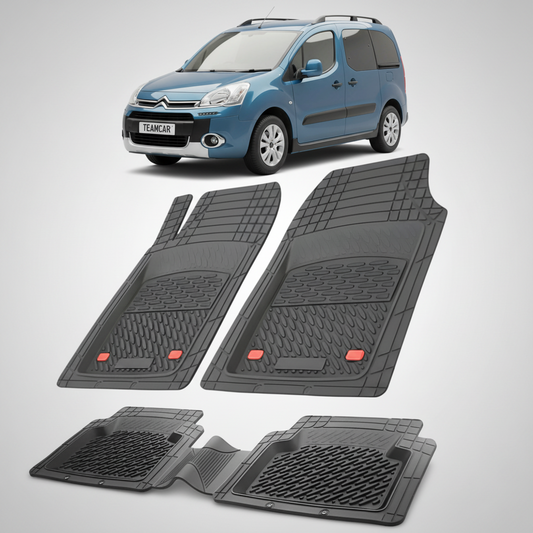 set de covorase din cauciuc negre cu un citroen berlingo passenger gen 2 albastru in fundal