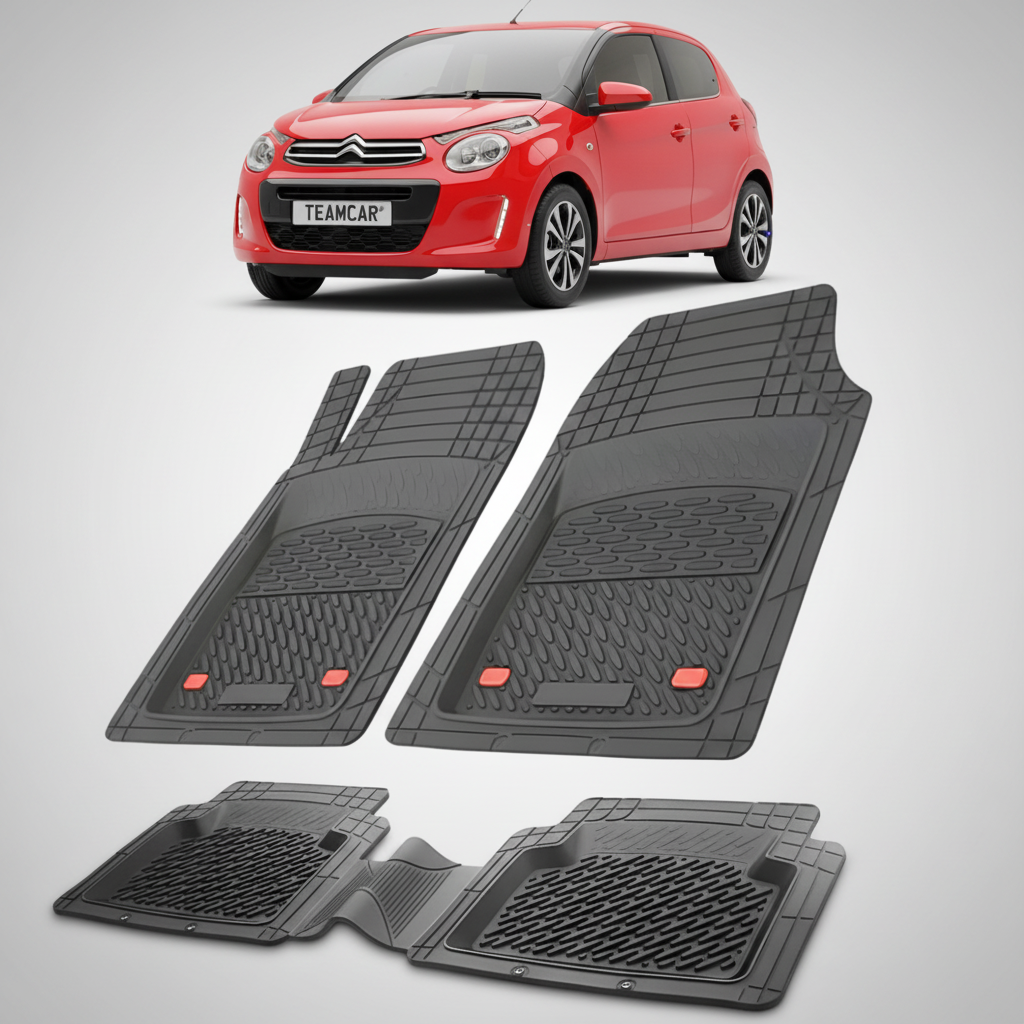 set de covorase din cauciuc negre cu un citroen c1 generatia ii rosu in fundal