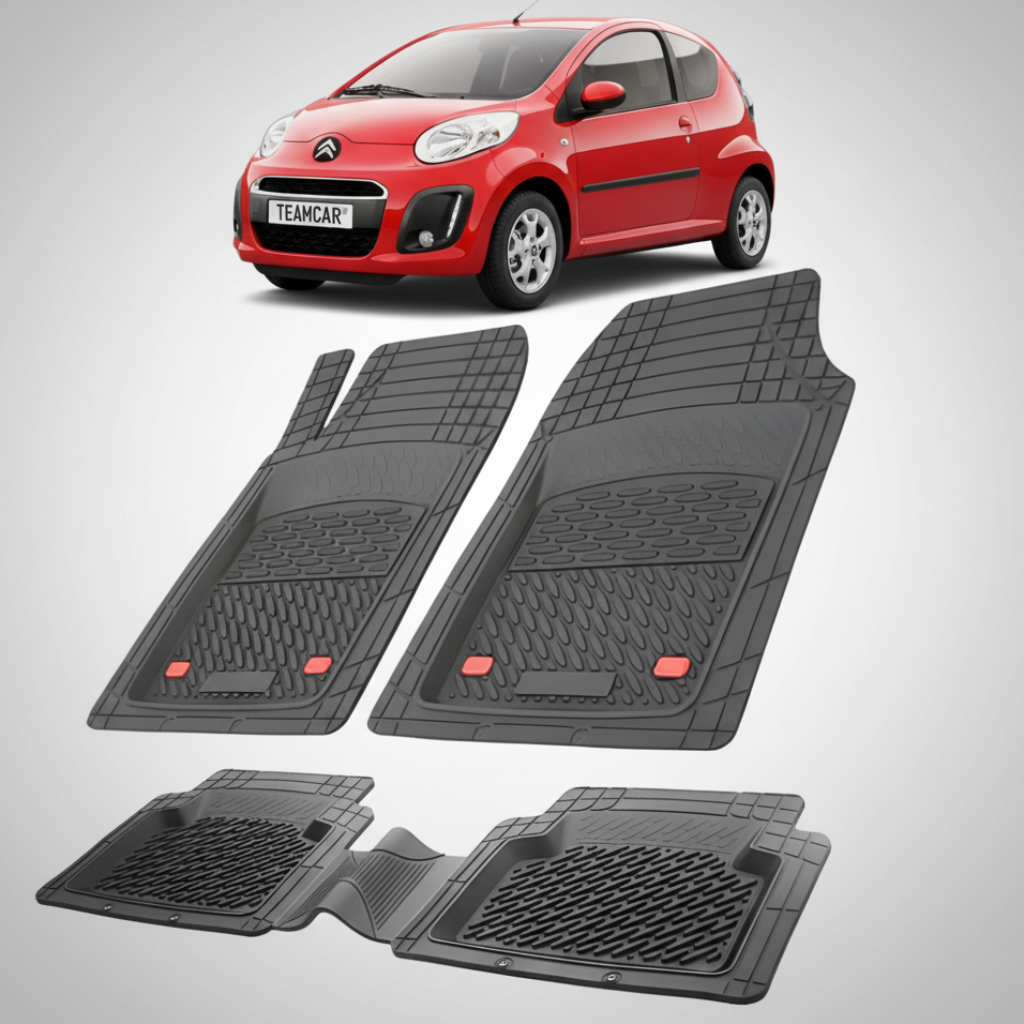 set de covorase din cauciuc negre cu un citroen c1 hatchback facelift rosu in fundal