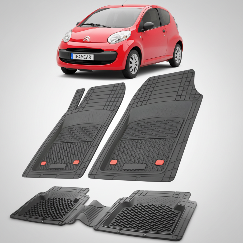 set de covorase din cauciuc negre cu un citroen c1 hatchback pre-facelift rosu in fundal