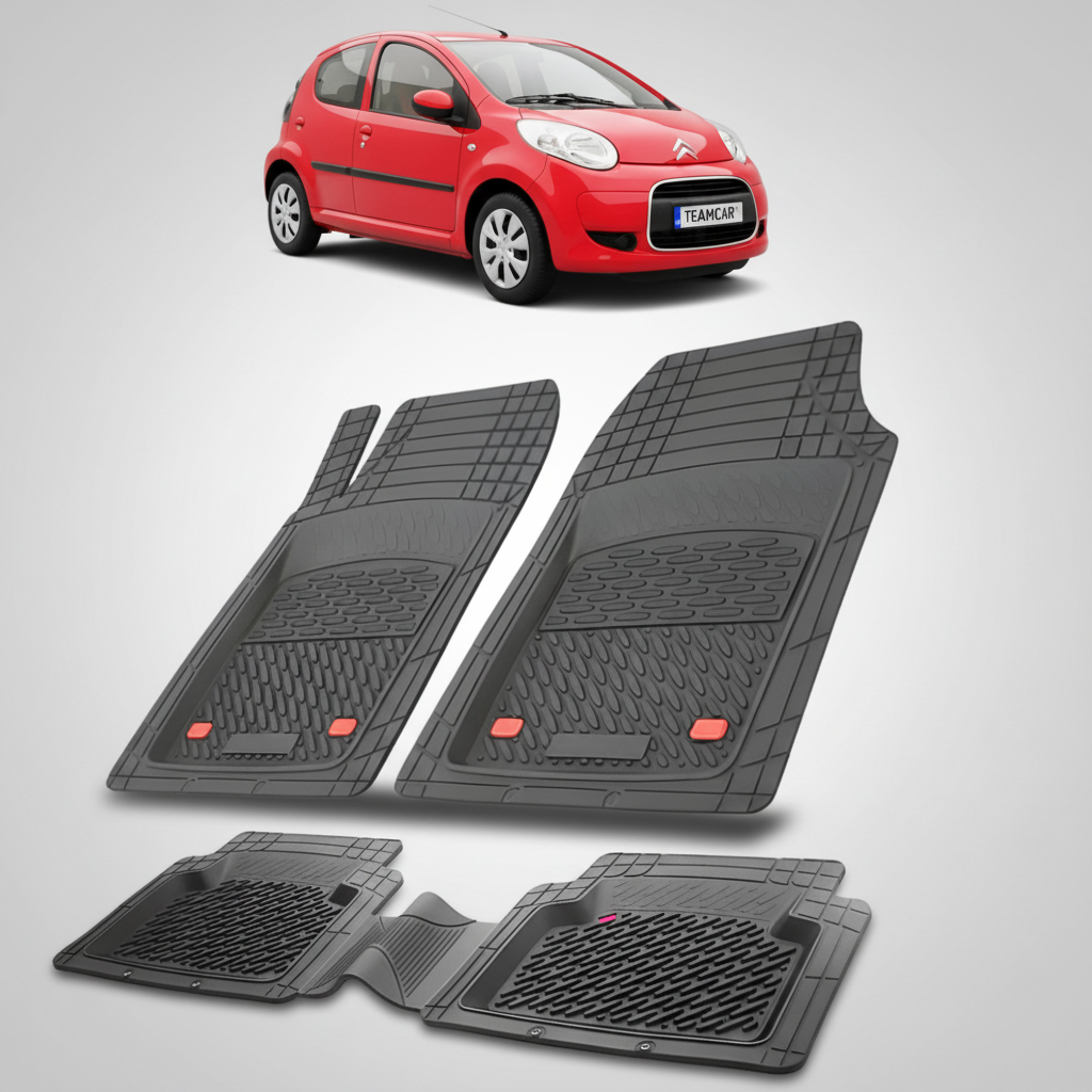 set de covorase din cauciuc negre cu un citroen c1 hatchback facelift rosu in fundal
