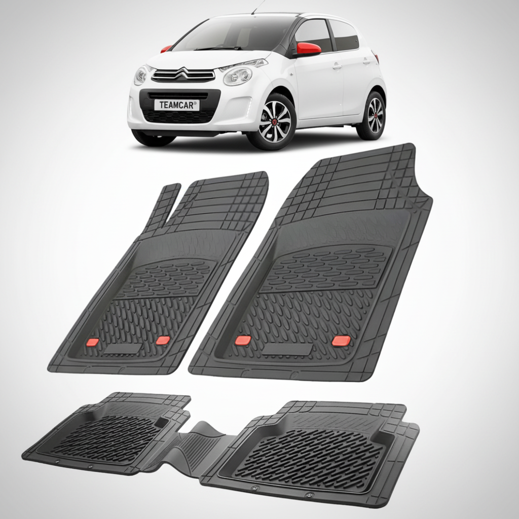 set de covorase din cauciuc negre cu un citroen c1 hatchback generatia ii alb in fundal
