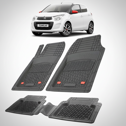 set de covorase din cauciuc negre cu un citroen c1 hatchback generatia ii alb in fundal