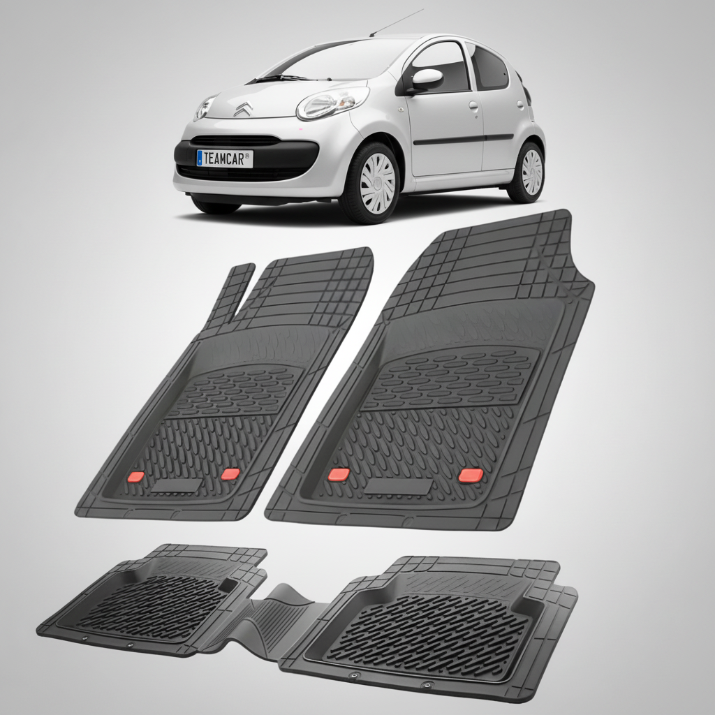 set de covorase din cauciuc negre cu un citroen c1 hatchback pre-facelift argintiu in fundal