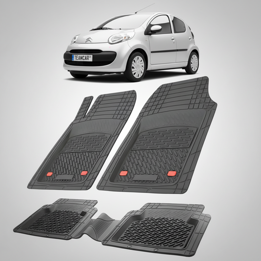 set de covorase din cauciuc negre cu un citroen c1 hatchback pre-facelift argintiu in fundal
